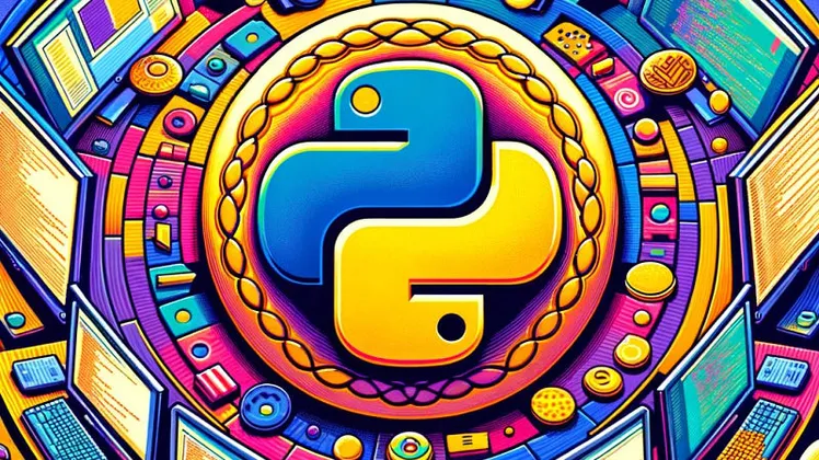 Python logo in the center with many computers around
